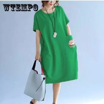 Летнее платье с рисунком лотоса, длиной до середины икры, с короткими рукавами, большой размер, свободное повседневное однотонное платье, размер M-XXXL M зелёный