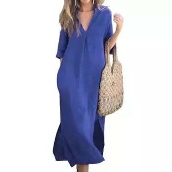 Летнее платье с рукавами три четверти, разрезами по бокам, свободным V-образным вырезом, платье миди 2XL синий