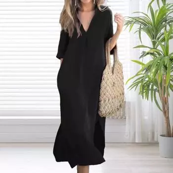 Летнее платье с рукавами три четверти, боковыми разрезами, свободным V-образным вырезом, миди-платьем с карманами, однотонный плиссированный пуловер, длина до икры, повседневное платье XL белый