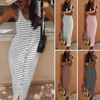 Летнее платье с U-образным вырезом без рукавов контрастного цвета в полоску с принтом Однобортный приталенный жилет с пуговицами Повседневное платье-майка с разрезом подол Повседневное женское платье-миди-майка