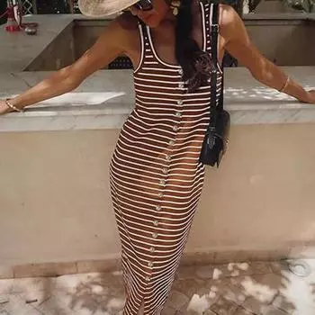Летнее платье с U-образным вырезом без рукавов контрастного цвета в полоску с принтом Однобортный приталенный жилет с пуговицами Повседневное платье-майка с разрезом подол Повседневное женское платье-миди-майка M верблюд