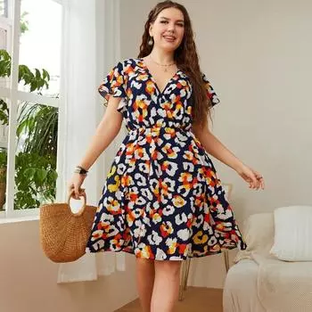 Летнее платье с v-образным вырезом и коротким рукавом с цветочным принтом для женщин, тонкое, удобное и дышащее платье с высокой талией, модное повседневное платье среднего размера больших размеров XL синий
