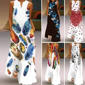 Летнее платье с v-образным вырезом без рукавов с цветочным принтом, свободный подол, полная длина, тонкое женское платье трапециевидной формы с цветочным принтом, жилет, повседневная одежда M