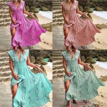Летнее платье с v-образным вырезом и цветочным принтом, женское элегантное винтажное большое длинное платье без рукавов для вечернего платья S зелёный