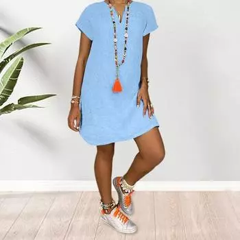 Летнее платье с V-образным вырезом, разрезом по низу, свободные неровные короткие рукава, однотонный пуловер длиной до колена 3XL чёрный