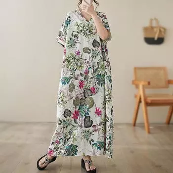 Летнее платье с V-образным вырезом из хлопка и льна больших размеров в стиле ретро для отдыха на пляже для женщин one size