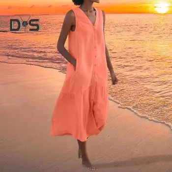 Летнее платье с V-образным вырезом, без рукавов, на пуговицах, свободное А-силуэтное плиссированное платье миди с карманами, однотонное пляжное платье S оранжевый