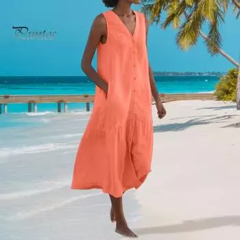 Летнее платье с V-образным вырезом, без рукавов, на пуговицах, свободное А-силуэтное плиссированное платье миди с карманами, однотонное пляжное платье S оранжевый