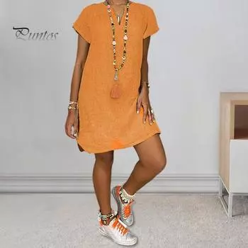 Летнее платье с V-образным вырезом и разрезом на подоле, свободное нерегулярное платье с короткими рукавами, сплошной цвет, пуловер длиной до колена, повседневная повседневная одежда, платье миди 3XL чёрный