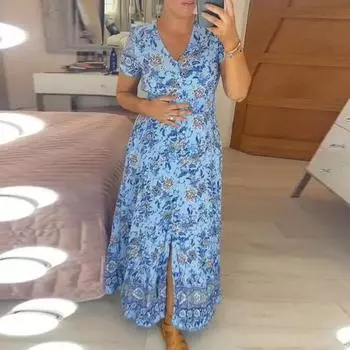 Летнее платье с V-образным вырезом и цветочным принтом. Новая мода. Большие размеры. Свободные приморские платья с короткими рукавами. Элегантные праздничные повседневные праздничные платья 920. S розовый