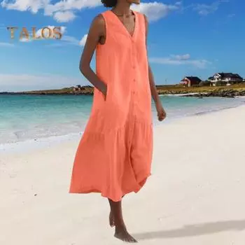 Летнее платье с V-образным вырезом, без рукавов, на пуговицах, свободное А-силуэтное плиссированное платье миди с карманами, однотонное пляжное платье S оранжевый