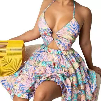 Летнее платье с v-образным вырезом и v-образным вырезом, с висячим вырезом и принтом для женщин S красный