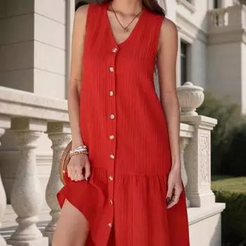 Летнее платье с V-образным вырезом без рукавов однобортное однотонное мини-платье однотонное свободное женское платье S красный
