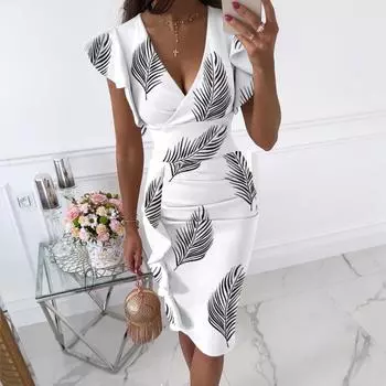 Летнее платье с V-образным вырезом и узкой талией, завязывающимся шнурком, с оборками на бедрах S