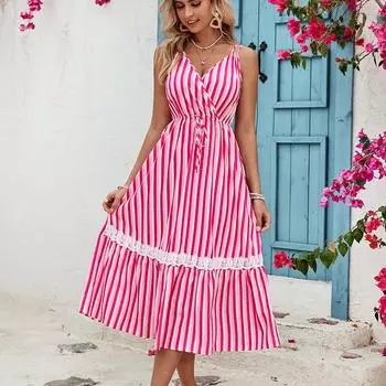 Летнее платье-сарафан на тонких бретельках, повседневное платье без рукавов с завязками для женщин, трапециевидное платье-миди, платье с принтом, кружевное сшитое платье, пляжное платье S розовый