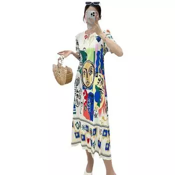 Летнее платье средней длины для женщин с короткими рукавами и свободными складками с принтом. M бежевый