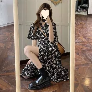 Летнее платье средней длины с французским ретро-цветочным принтом 2025 года — новый облегающий крой, короткие рукава, высококачественный дизайн для женщин XXL