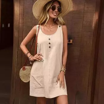 Летнее платье средней длины с U-образным вырезом, без рукавов, с сумкой на плече, из хлопка для женщин S чёрный