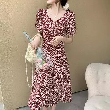 Летнее платье средней длины с завязками на талии, французскими рукавами-фонариками, квадратным воротником и короткими рукавами с цветочным принтом XXL чёрный