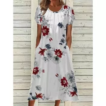 Летнее платье свободного кроя с круглым вырезом и цветочным принтом, женское винтажное новое женское платье больших размеров с принтом, элегантное модное облегающее длинное платье для отпуска с карманами 3363 S