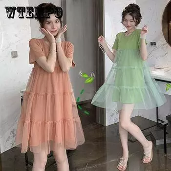 Летнее платье Свободный тонкий топ с короткими рукавами Летнее платье средней длины M зелёный