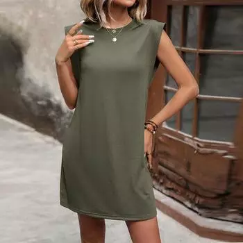 Летнее платье Темперамент Однотонные повседневные платья без рукавов S армия зеленый