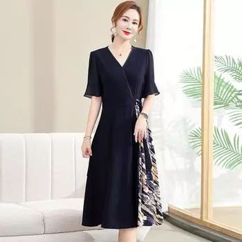 Летнее платье Темпераментное платье с короткими рукавами Шифоновое длинное платье XL