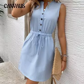 Летнее платье трапециевидной формы, женское платье с воротником-стойкой без рукавов S синий