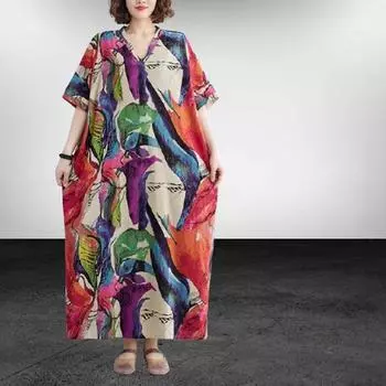 Летнее платье-трапеция с V-образным вырезом, платье-трапеция из хлопка и льна с принтом One Size абрикосовый