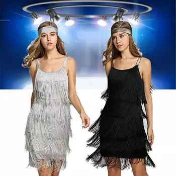 Сексуальное мини платье с бахромой в ретро стиле S белый