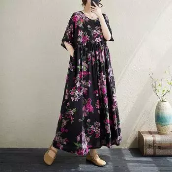 Летнее платье в этническом стиле, с круглым вырезом, короткими рукавами, свободного кроя, стройнящее, с принтом, для женщин среднего и пожилого возраста Large Free Size