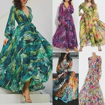 Летнее платье в европейском и американском стиле с рукавами-фонариками и глубоким V-образным вырезом с принтом зеленых листьев XL жёлтый/цветочный