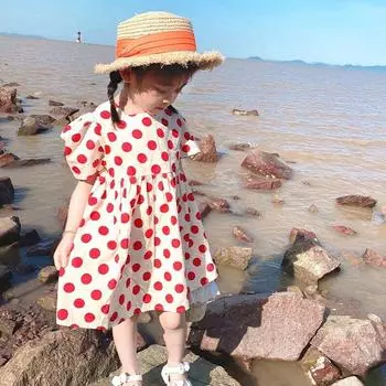 Летнее платье в горошек для маленьких девочек, пышные платья с короткими рукавами и рюшами, плиссированное платье с квадратным вырезом сзади и шнуровкой на спине, детская одежда, От 3 до 8 лет 11