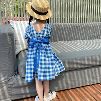 Летнее платье в клетку для девочек с круглым вырезом и основной юбкой на талии с галстуком-бабочкой 9