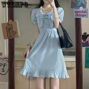 Летнее платье в милом студенческом стиле, корейская версия свободного платья с квадратным вырезом и короткими рукавами, платье с бантом «рыбий хвост» S синий