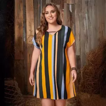 Летнее платье в полоску больших размеров, летняя тонкая рубашка с коротким рукавом и V-образным вырезом, модные свободные свободные платья для пляжной вечеринки, ночная рубашка XL-5XL 2XL жёлтый
