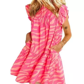 Летнее платье в полоску зебры с принтом больших размеров, женское платье без рукавов с рюшами, винтажное свободное платье с круглым вырезом, повседневное трапециевидное элегантное короткое платье, женское 747 S