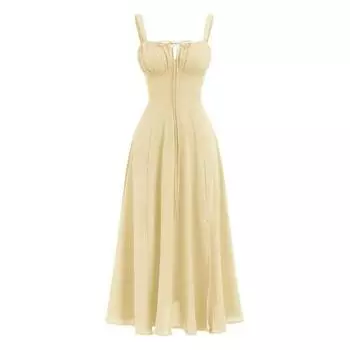 Летнее платье в стиле бохо с регулируемым корсетом на шнурке, универсальное платье миди с квадратным вырезом, однотонное платье с боковой молнией M жёлтый