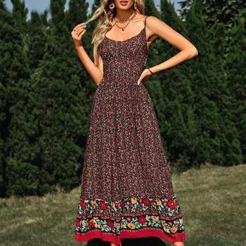 Летнее платье в стиле бохо с цветочным принтом, длинное платье без рукавов с v-образным вырезом для женщин, элегантное облегающее платье-комбинация Vestido De Mujer 24869 S бежевый