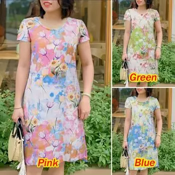 Летнее платье в стиле бохо с цветочным принтом Женский сарафан Модный короткий рукав Праздничные платья Повседневный халат длиной до колена S синий
