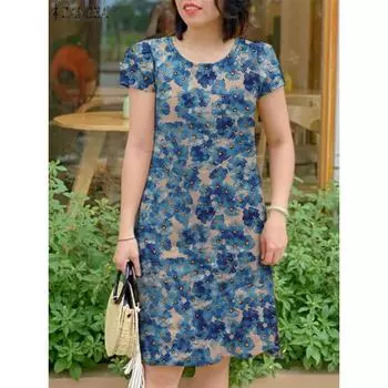 Летнее платье в стиле бохо с цветочным принтом ZANZEA для женщин с коротким рукавом и круглым вырезом Vestidos Элегантный праздничный сарафан для вечеринок Повседневные рабочие сарафаны S