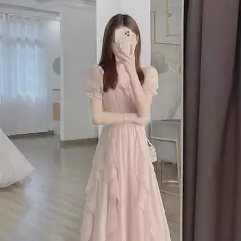 Летнее платье в стиле феи с французским квадратным вырезом - женская утягивающая юбка миди S