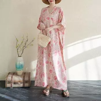 Летнее платье в стиле отпуска свободного покроя с V-образным вырезом и короткими рукавами в стиле ретро средней длины one size