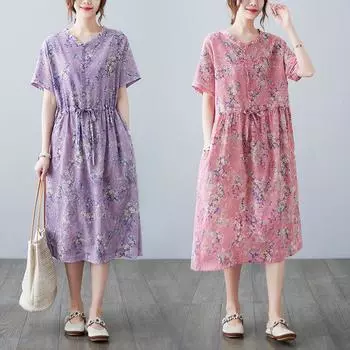 Летнее платье в стиле ретро из хлопка и льна с принтом, свободное, средней длины, с утягивающим эффектом, тонкие бретели, повседневные платья M розовый