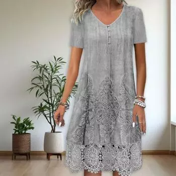 Летнее платье Yousheng Lady с ажурным кружевом, V-образным вырезом, пуговицами, ретро, свободным коротким рукавом, А-силуэтом, длиной до колена, миди-платье 2XL светло-серый