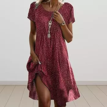 Летнее платье Yousheng Lady с принтом в горошек, круглым вырезом, короткими рукавами, А-силуэта, свободного покроя, в этническом стиле, с большим подолом, повседневное платье для отдыха, миди-платье L зелёный