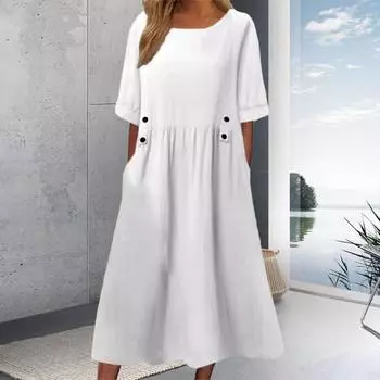 Летнее платье Yousheng с карманами, круглым вырезом, свободной талией, короткими рукавами, длиной до икры, однотонное платье миди для работы, школы, свиданий M серый