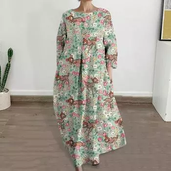 Летнее платье Yousheng с круглым вырезом, длинным рукавом, цветочным принтом, А-силуэтом, большим подолом, длиной до щиколотки, с боковыми карманами, для повседневной носки, женское платье макси S жёлтый