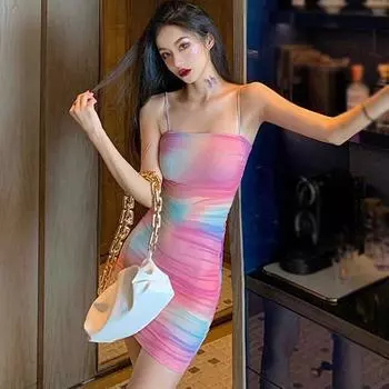 Летнее платье женщин Радуга Обтягивая Сексуальная подвеска Платья без спинки Слинг Мода Выше Колена Vestidos