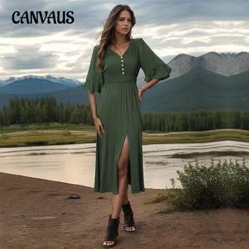 Летнее платье Женская мода Сплошной цвет Темпераментные платья с коротким рукавом S зелёный